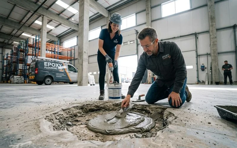 Epoxy mortar spall repair being applied and finished flush in industrial floor