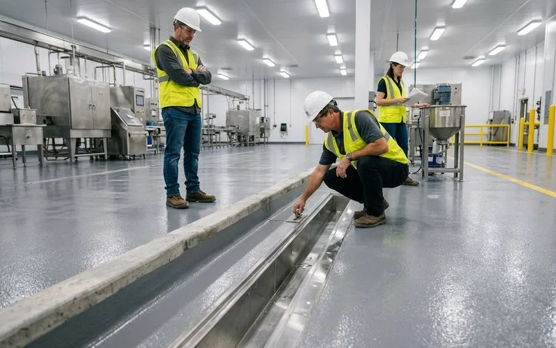 Urethane cement floor system being applied in food processing drain trench area