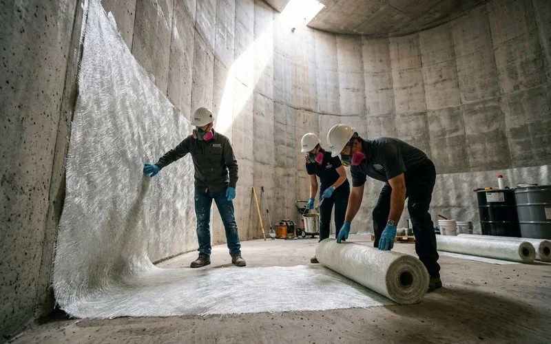 Vinyl ester lining application in chemical storage tank interior with fiberglass mat reinforcement