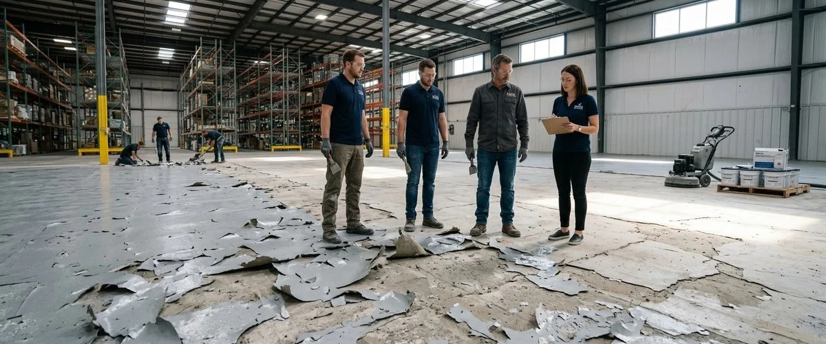 Peeling and delaminating epoxy floor coating before professional remediation